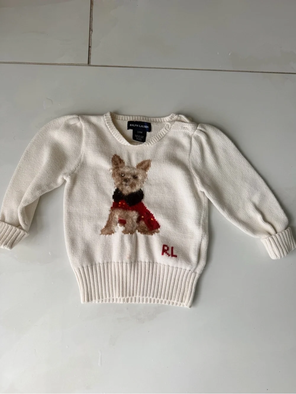 Ralph Lauren Cream Knit Sweater with Dog Motif and Red Accent